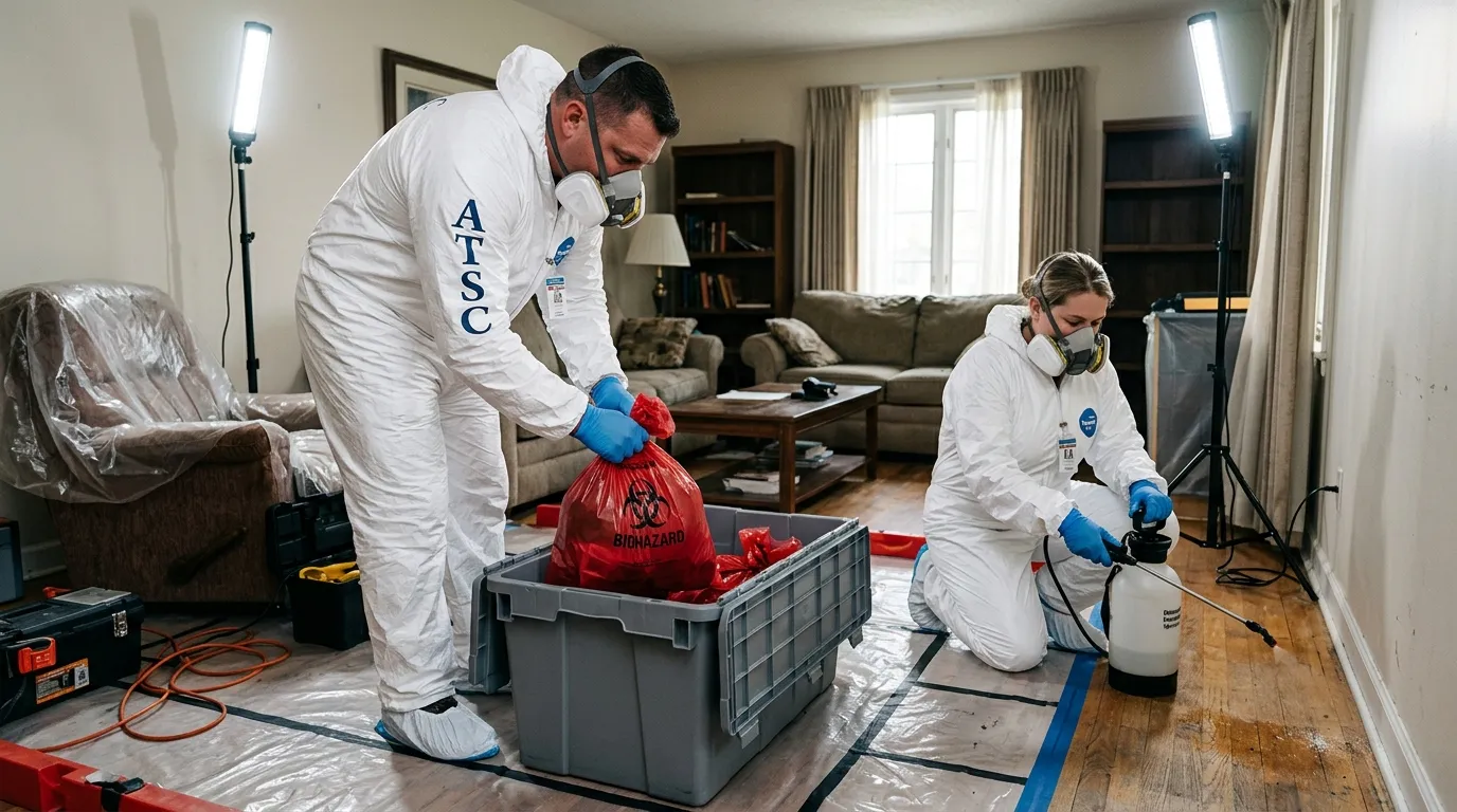 Professional Biohazard Cleanup technician in full PPE working in Country Club Estates